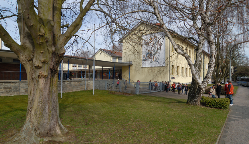 eine Wiese mit einigen großen, alten Bäumen; im Hintergrund ein gelbes Haus