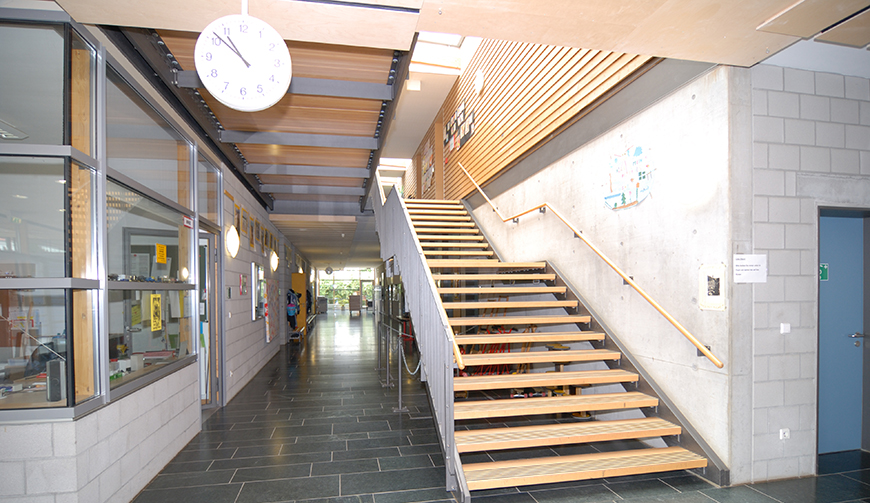 ein Treppenhaus mit einer Treppe und Wandverkleidung aus hellem Holz
