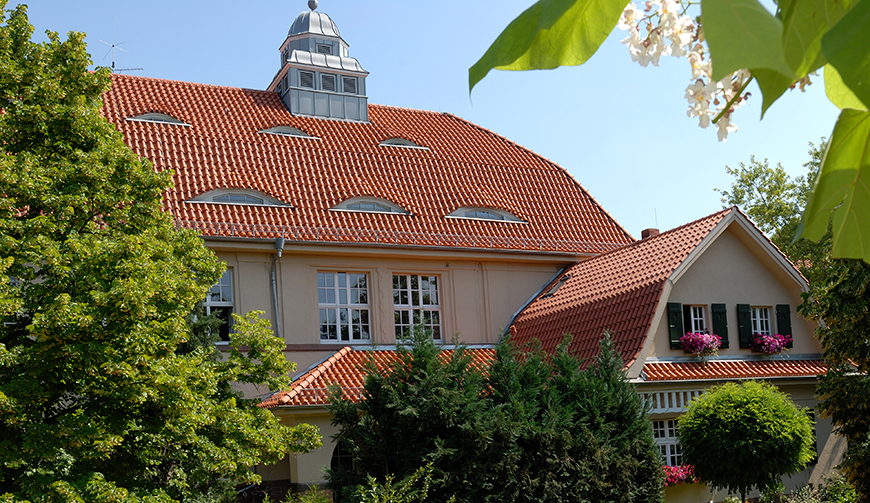 den Blick über einige Bäume und Hecken auf ein großes Gebäude