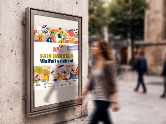 Die Ankündigung zur Fairen Woche auf einer Werbetafel
