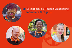 vier Portraits in Kreisen auf rotem Hintergrund, darauf die Headline 