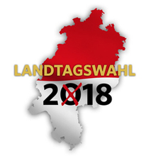 eine rot und weiß gefärbte Abbildung des Landes Hessen mit dem Text Landtagswahl 2018