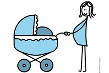Die Zeichnung einer Frau mit Babybauch, die einen Kinderwagen schiebt.