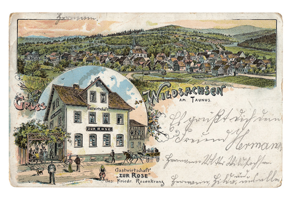 eine Postkarte mit einer alten Zeichnung von Wildsachsen
