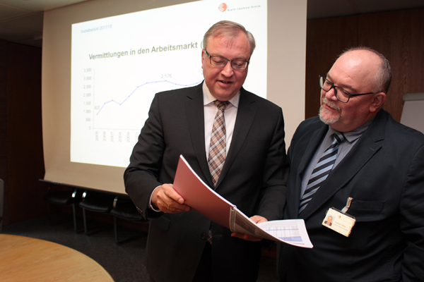 zwei Männer in Anzügen, die vor einer Leinwand stehen und gemeinsam in einen Bericht schauen