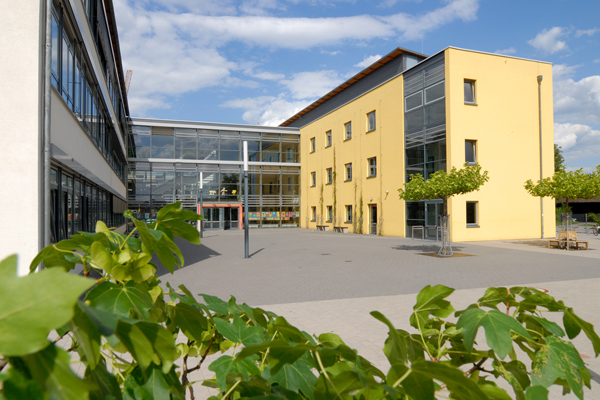 einen über Pflanzen hinweg fotografierten Schulhof, der von Schulgebäuden eingerahmt wird