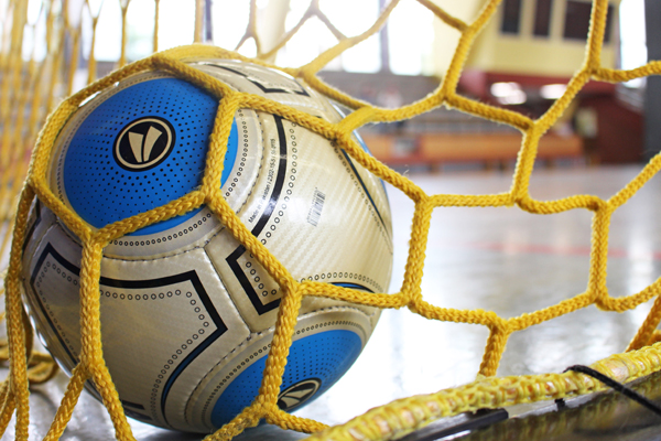 ein Ball in einem Tornetz, das in einer Sporthalle steht