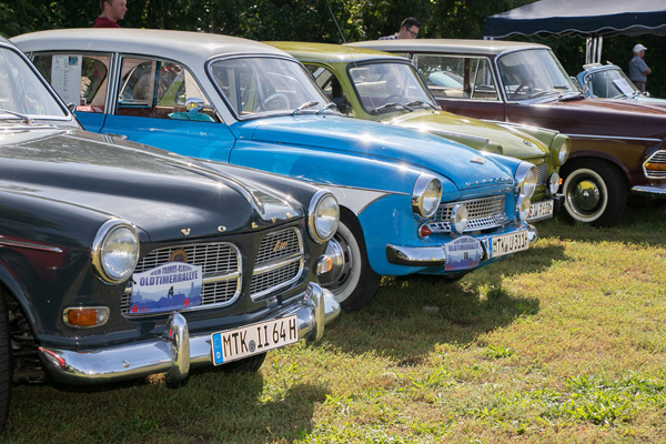 einige Oldtimer, die auf einer Wiese geparkt sind