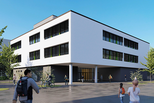 die Visualisierung eines weißen Schulgebäudes mit großen Fenstern und Schülern