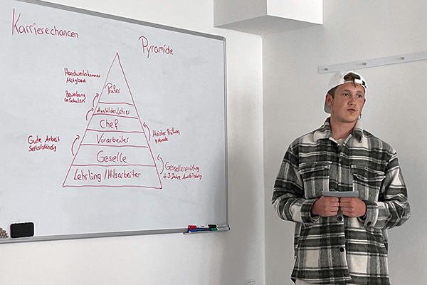 ein Jugendlicher unterrichtet vor einem Whiteboard mit einer Karrierechancen-Pyramide darauf