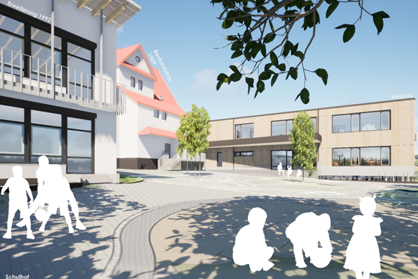grafischer Entwurf des geplanten Schulneubaus, der zudem den Schulhof, den Erweiterungsbau und den Bestandsbau zeigt