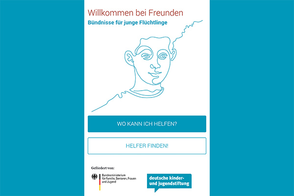 eine männliche Karikatur. In der Überschrift Willkommen bei Freunden - Bündnisse für junge Flüchtlinge