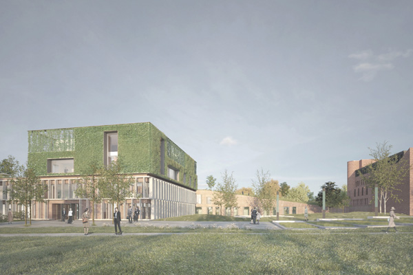 die Visualisierung eines Architekturbüros eines begrünten Gebäudes in einem Park