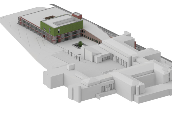 3D-Visualisierung des Landratsamtes mit Erweiterungsgebäude und Fassadenbegrünung
