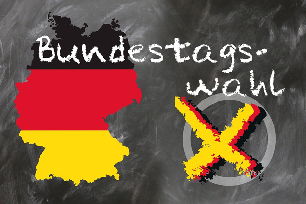 Grafik mit dem Umriss von Deutschland, einem Wahl-Kreuz und dem Text Bundestagswahl