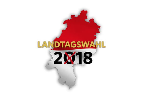 eine Grafik mit dem Umriss des Landes Hessen in weiß und rot und dem Text Landtagswahl 2018