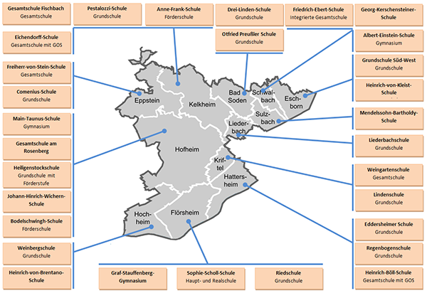 eine Kreiskarte mit Standorten von Ganztagsschulen.
