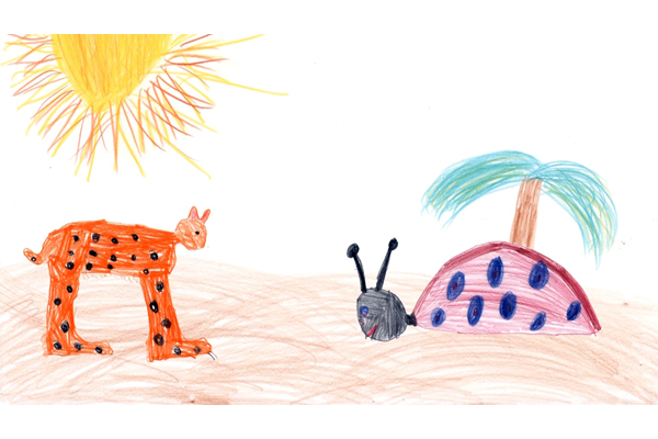 eine bunte Kinderzeichnung mit verschiedenen Tieren und einer großen Sonne