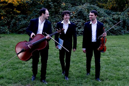 Ein Foto des Trios Delyria im Freien mit Instrumenten
