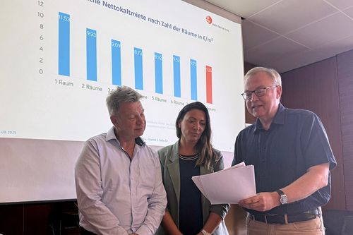 Zwei Männer und eine Frau schauen gemeinsam in den Sozialbericht
