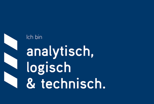 Dunkelblaue Texttafel mit weißer Schrift: Ich bin analytisch, logisch und technisch