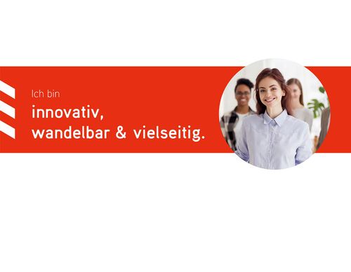 Drei junge Menschen in einem Großraumbüro; daneben der Text: ich bin innovativ, wandelbar und vielseitig